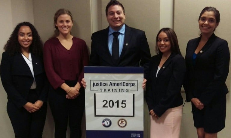 Fellows Luisa Lebron, Charlotte Fager, Juan Carlos Chiquillo, Elizabeth Rivera, and Anilu Chadwick at the 2015 national justice AmeriCorps training in Leesburg, VA.